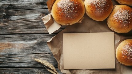Poster - Wheat buns rolls with cinnamon on wooden background with blank card for breakfast or luncheon presentation and rustic decor