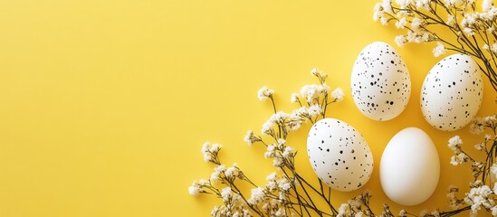 Aufkleber - Easter celebration with white speckled eggs arranged on a vibrant yellow background surrounded by delicate flowers for a festive mood