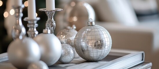 Aufkleber - Elegant white and silver Christmas ornaments and candles arranged on a stylish table for a festive holiday ambiance
