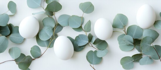 Poster - Elegant white Easter eggs arranged with fresh eucalyptus leaves on a minimalist background for a sophisticated seasonal display.
