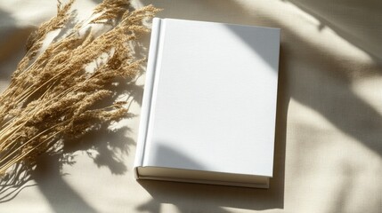 Leinwandbilder - Minimalist white book mockup with decorative reed pampas grass on a soft beige background for creative design and branding projects