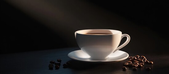 Poster - Elegant white coffee cup with saucer and coffee beans on dark surface illuminating a cozy atmosphere for beverage promotion or relaxation themes