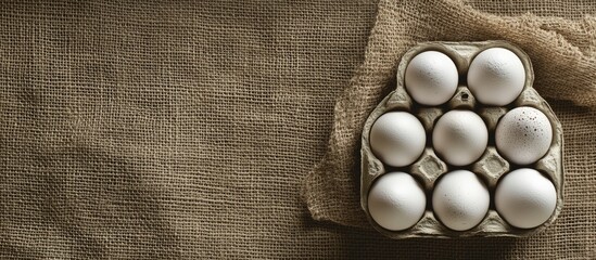 Poster - White chicken eggs in a ceramic carton on a textured burlap background with space for text above and surrounding the eggs in a rustic setting