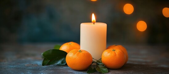 Aufkleber - Candlelight and Tangerines Arranged Elegantly on Dark Background Creating a Warm and Inviting Atmosphere for Winter Decor