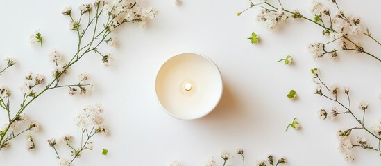 Aufkleber - Minimalist white candle surrounded by delicate small flowers on a soft white background promoting calmness and serenity in decor and wellness.