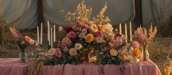 Aufkleber - Boho wedding table decor with floral arrangements candles on pink tablecloth creating a romantic atmosphere for special occasions