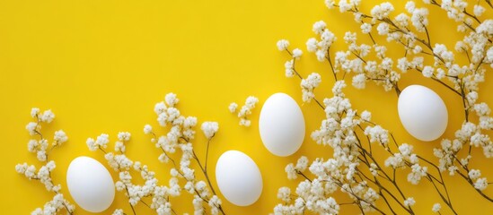 Aufkleber - Easter eggs arranged with delicate flowers on a vibrant yellow background for a festive holiday celebration