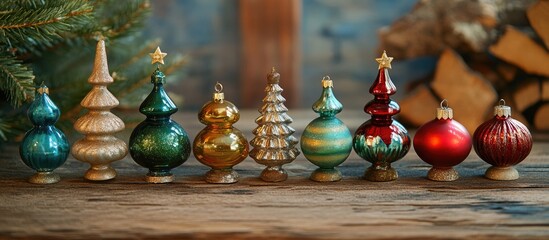 Poster - Colorful vintage Christmas tree ornaments arranged on a rustic wooden table enhancing festive holiday spirit and nostalgic charm.