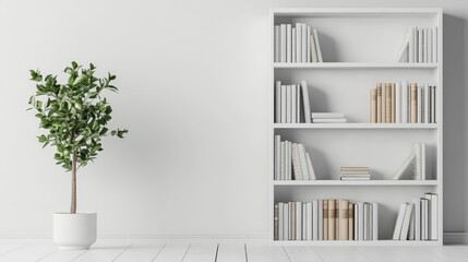 Leinwandbilder - Modern minimalist white bookshelf filled with books and a potted plant in a bright interior space against a clean wall