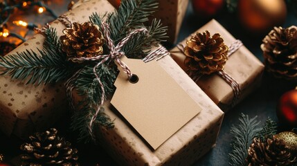 Aufkleber - Blank tag mockup on rustic gift packaging adorned with pine cones and festive decorations for a warm holiday presentation
