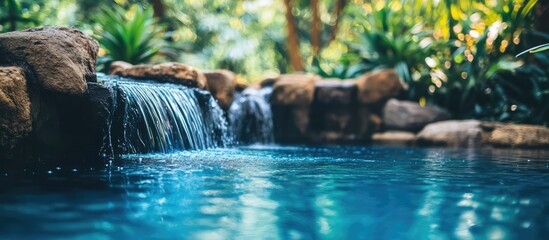 Poster - Tranquil water stream cascading into a serene blue pool surrounded by lush greenery ideal for relaxation and rejuvenation