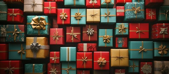 Poster - Colorful arrangement of Christmas gift boxes with various patterns and ribbons creating a festive holiday backdrop for celebrations and decorations