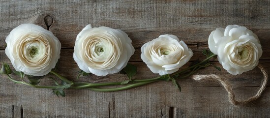 Poster - White ranunculus flowers and a delicate gift box on rustic wood for seasonal celebrations or elegant gift giving