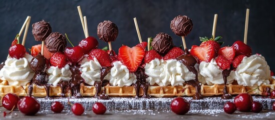 Poster - Delicious waffles adorned with fresh strawberries cherries whipped cream and chocolate truffles on sticks for a tempting dessert experience