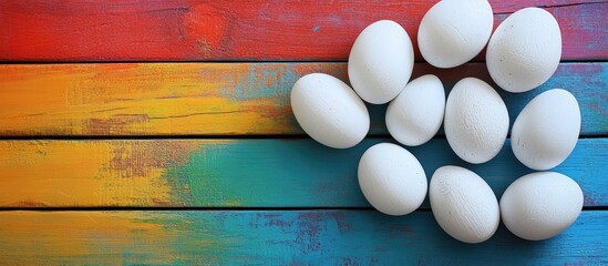 Aufkleber - White painted wooden eggs arranged artistically on a colorful wooden table creating a cheerful and vibrant Easter-themed decor.