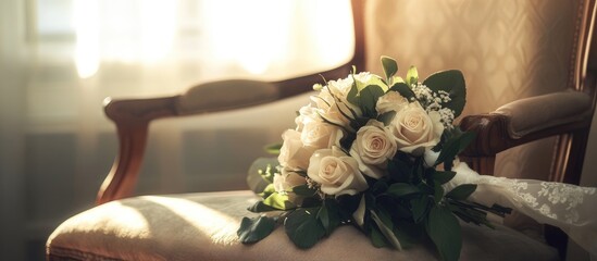 Aufkleber - Elegant wedding bridal bouquet of white roses and greenery resting on a vintage chair in soft natural light