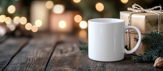 Aufkleber - White ceramic mug on wooden table with blurred lights and gift boxes creating a cozy atmosphere for advertising and design purposes.