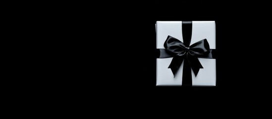 Aufkleber - Elegant white gift box with a black bow on a black background offering blank space for personalized text or messaging purposes