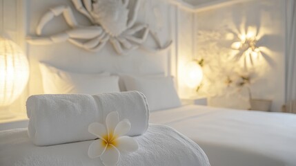Aufkleber - Luxury hotel bedroom featuring a crab-shaped towel and frangipani flower on a pristine white bed in a serene relaxation setting.