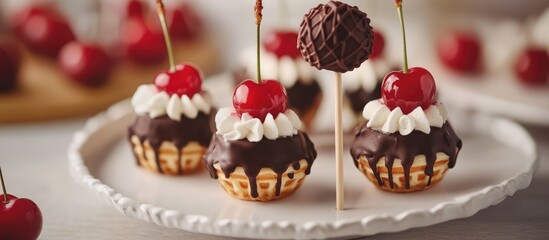 Poster - Mini waffles topped with strawberries cherries whipped cream and chocolate truffle on a stick arranged on a white decorative plate