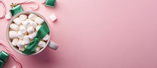 Poster - White mug with marshmallows and green ribbon gift boxes on pink background festive winter drink and holiday decor flat lay arrangement