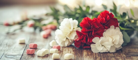 Poster - Vintage wedding bouquet with bright white carnations and red freesias alongside pastel marshmallows on a rustic wooden table.