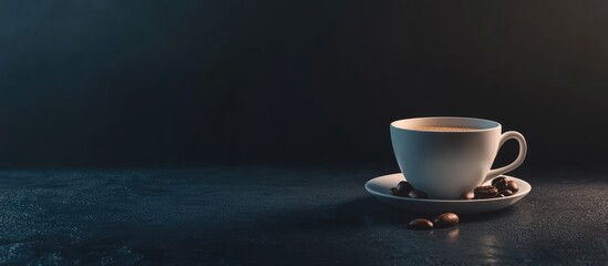 Aufkleber - Elegant white coffee cup on dark background with coffee beans, perfect for coffee-themed designs and promotional content.
