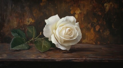 Poster - Elegant white rose placed on a rustic wooden table with a dark background highlighting its delicate petals and lush green leaves.