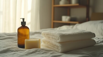 Aufkleber - Spa essentials with white towels, amber shampoo bottle, and soap on a neatly made bed in a cozy indoor setting.