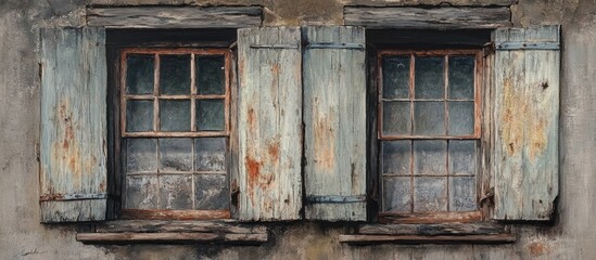 Poster - Weathered shutters on a rustic building facade highlighting timeworn charm and intricate architectural details in natural lighting