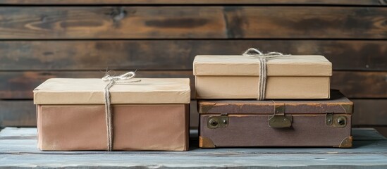 Poster - Vintage styled gift boxes arranged on a rustic wooden background showcasing a charming and nostalgic aesthetic for holiday celebrations