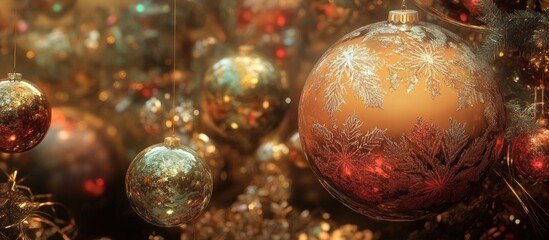 Aufkleber - Festive close-up of shimmering Christmas ornaments surrounded by a golden decorative texture for holiday-inspired designs.