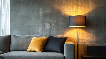 Poster - Modern living room with warm lamp light illuminating textured wall and stylish sofa featuring decorative cushions in contemporary design.