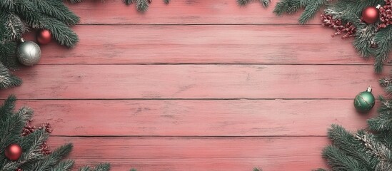 Aufkleber - Vintage wooden background with fir tree branches and festive ornaments creating a cozy holiday atmosphere with ample copy space for text