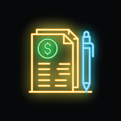 Poster - Glowing neon icon representing financial documents with dollar sign and pen, symbolizing business deals and financial transactions