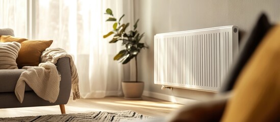 Leinwandbilder - Cozy living room with a white heating radiator and thermostat creating a warm and inviting atmosphere for comfort and relaxation
