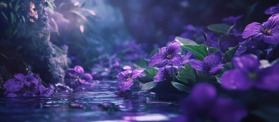 Wall Mural - Close-up of wild violets blooming near a serene water source in a tranquil natural setting with soft lighting and rich purple hues.