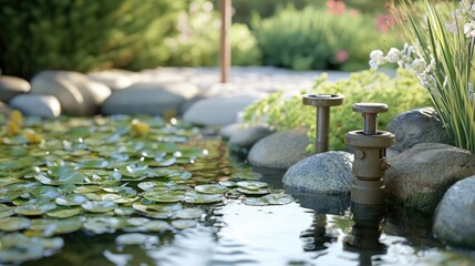 Poster - Garden water valve amid serene pond landscape with natural stone borders and lush aquatic plants for tranquil outdoor settings.