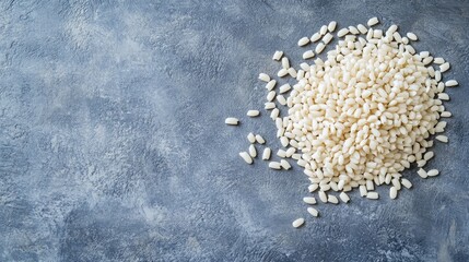 Aufkleber - White rice and elbow macaroni arranged artistically on a textured grey blue background for culinary presentations and food photography.