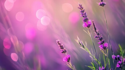 Aufkleber - Vibrant violet bokeh background featuring delicate lavender flowers with soft blurred nature ambiance