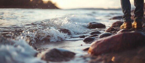 Aufkleber - Rocky shoreline with waves crashing against stones and a picturesque beach in the background during sunset lights.