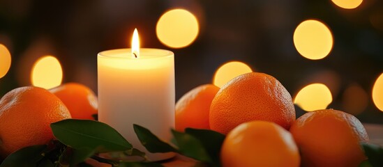Aufkleber - Candlelight ambiance with fresh tangerines creating a warm and inviting atmosphere in a blurred background setting