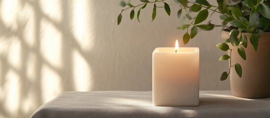 Aufkleber - Cozy candle with houseplant on gray background creating a tranquil atmosphere perfect for modern home decor and relaxation settings