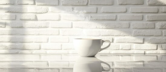 Poster - Steaming coffee cup on a glass table with a white brick wall background ideal for food and beverage photography settings