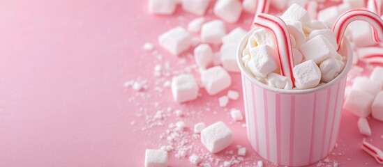 Aufkleber - Colorful cup filled with marshmallows and candy canes surrounded by scattered sweets on a pink background perfect for holiday celebrations