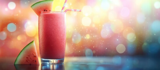 Poster - Refreshing watermelon smoothie with vibrant bokeh background showcasing summer vibes and colorful aesthetics