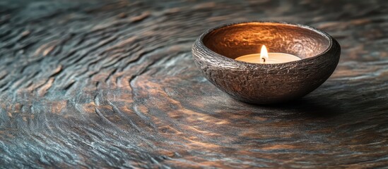 Aufkleber - Warm tea light candle in a rustic bowl on textured wooden surface enhancing a serene and calming ambiance for relaxation decor