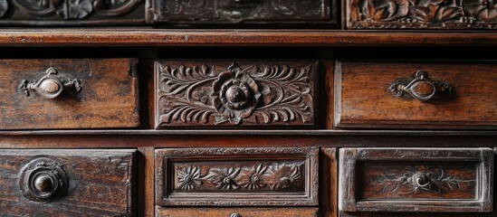 Poster - Antique wooden drawers featuring detailed carvings and worn textures ideal for vintage interior design inspiration and aesthetic decoration.