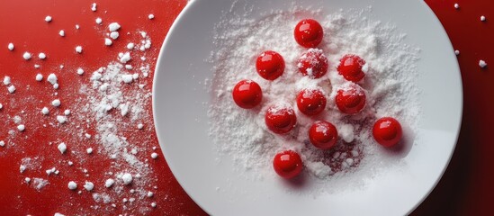 Aufkleber - White plate with red decorative balls surrounded by powdered snow on a red surface creating a festive winter theme.