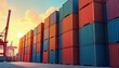 © Pete - Colorful shipping containers stacked high in port at sunset. Cargo containers in various vibrant colors form wall. Port crane visible on left. Trucks parked in foreground. Image suggests global